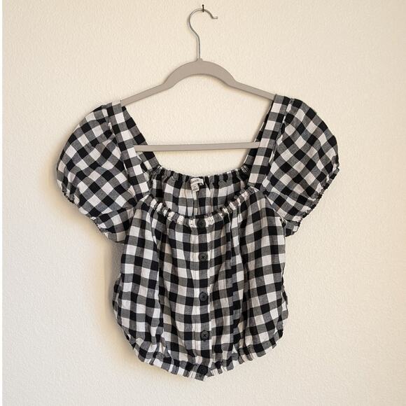 NWT Madewell Linen Puff-Sleeve Button-Front Crop Top in Gingham Check, sz XS - Picture 2 of 8